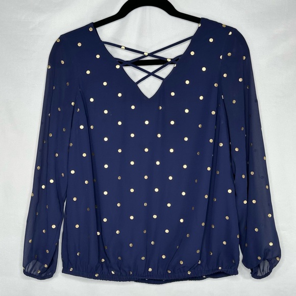Navy Blue‎ Blouse Metallic Gold Polka Dot Women's Top Chiffon Lattice  Sz 1X - Picture 1 of 10